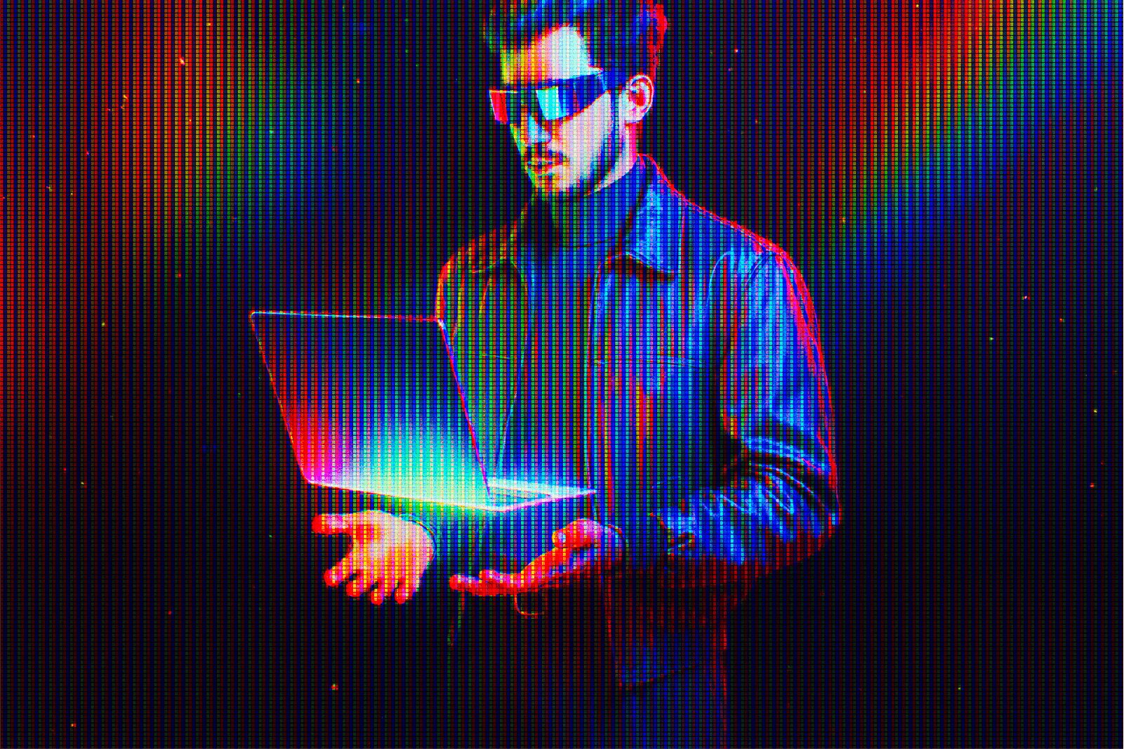 Image of a developer holding a floating laptop