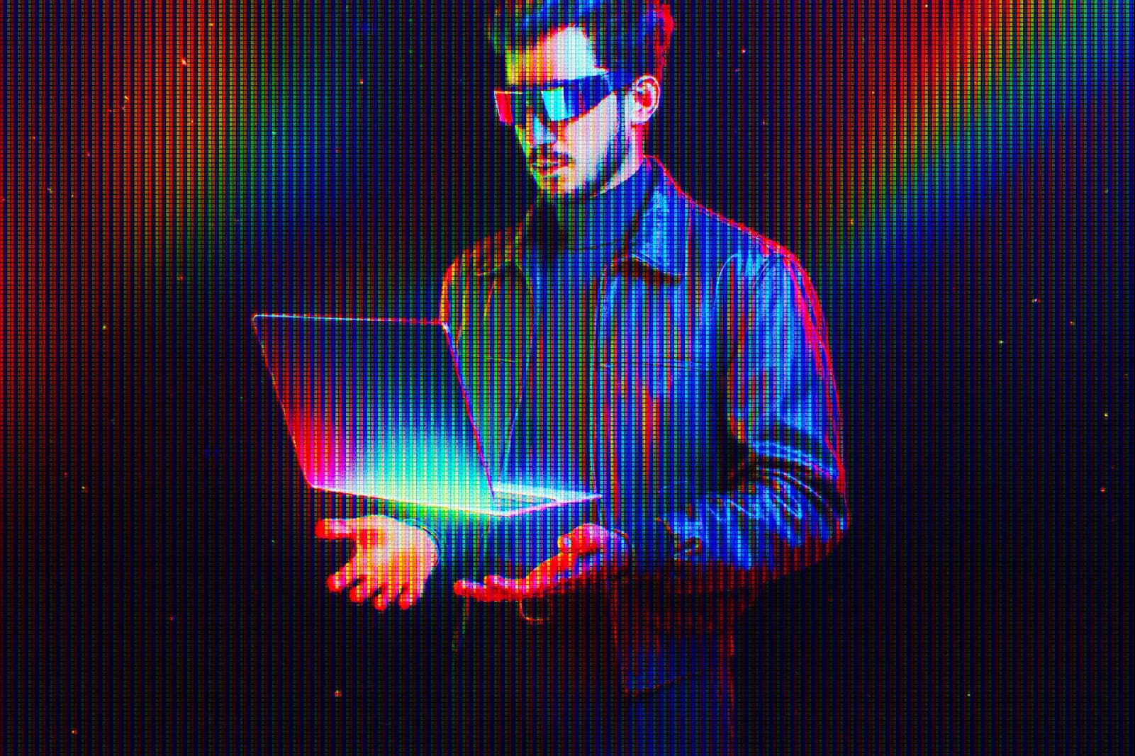 Image of a developer holding a floating laptop