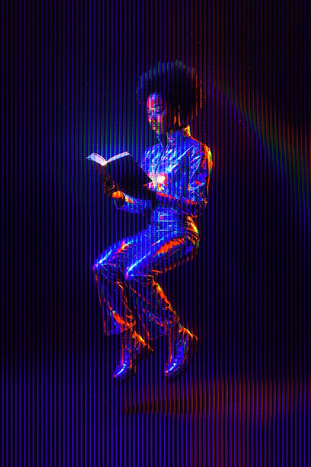 A futuristic woman reading a book.