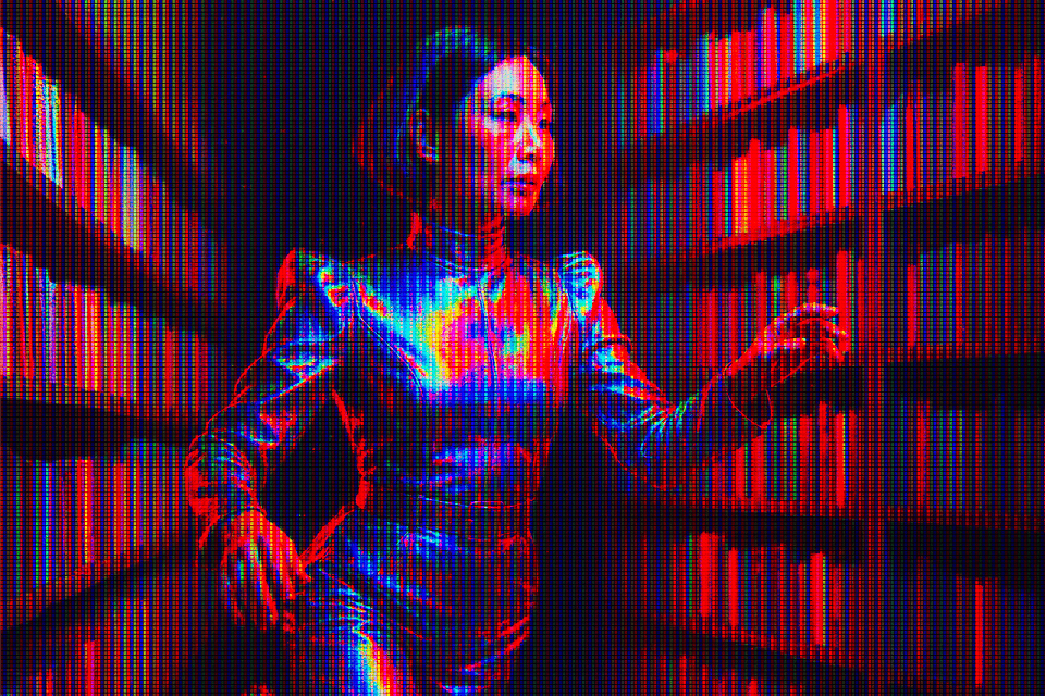 Image of a futuristic woman browsing a library