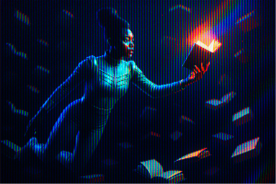 A young woman floating through a sea of books